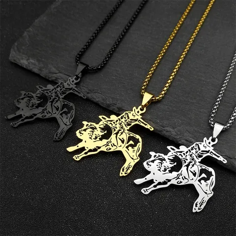 Hip Hop Stainless Steel Cowboy Bull Riding Pendant Necklace For Men Women Western Rodeo Hollow Out Sweater Chain Jewelry