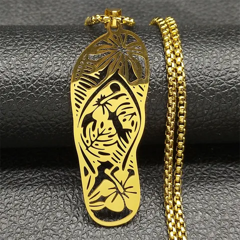 Stainless Steel Flip Flop Pendant Necklace Tropical Monstera Leaf Flower Hollow Cut Beach Summer Jewelry For Women Men