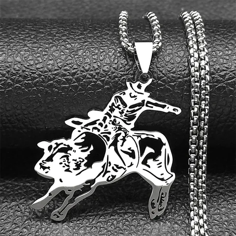 Hip Hop Stainless Steel Cowboy Bull Riding Pendant Necklace For Men Women Western Rodeo Hollow Out Sweater Chain Jewelry
