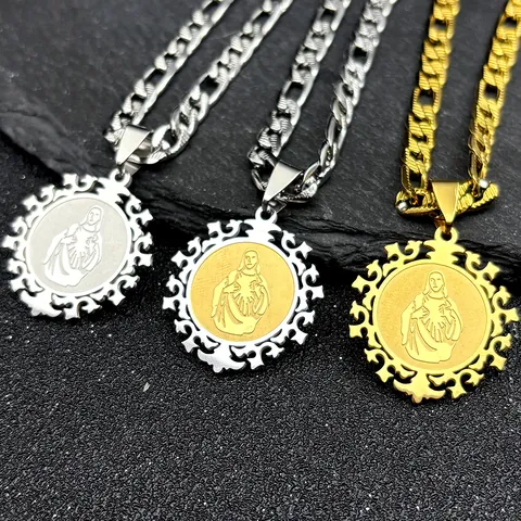 Collana Pendente Religiosa Vintage in Acciaio Inossidabile Catena Figaro Tondo Sacro Cuore Gesù Oro Argento Bicolore Gioielli Unisex