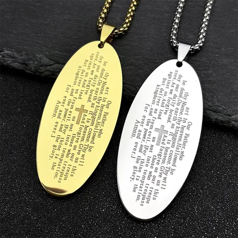 Stainless Steel Cross Pendant Necklace Lord's Prayer Bible Verse Oval Religious Jewelry For Men Women Christian Faith Gift