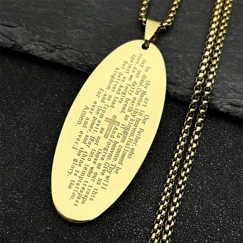 Stainless Steel Cross Pendant Necklace Lord's Prayer Bible Verse Oval Religious Jewelry For Men Women Christian Faith Gift
