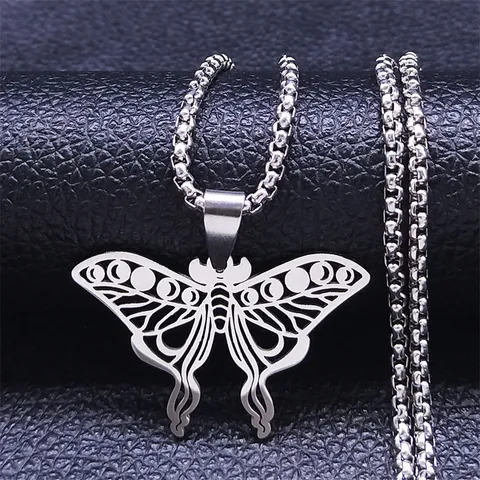 Collier Pendentif Papillon Ajouré en Acier Inoxydable Design Phase de la Lune Bijoux Gothiques Sombres pour Femmes Hommes
