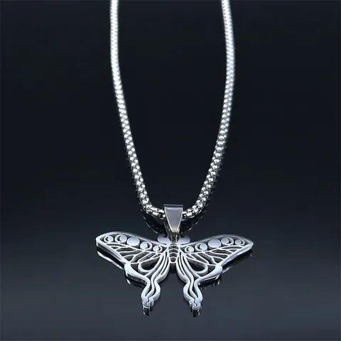 Collier Pendentif Papillon Ajouré en Acier Inoxydable Design Phase de la Lune Bijoux Gothiques Sombres pour Femmes Hommes