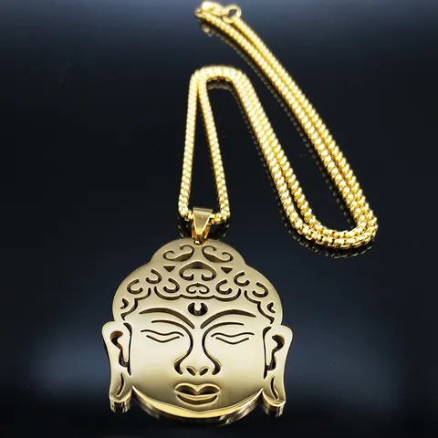 Vintage Stainless Steel Buddha Head Hollow Pendant Necklace Religious Jewelry With Box Chain For Men Women