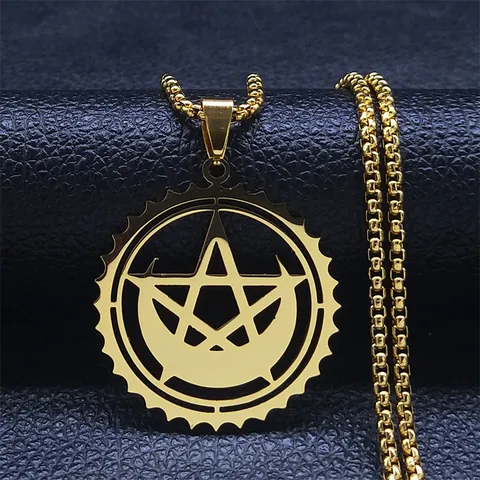 Pentagram Crescent Moon Stainless Steel Pendant Necklace Gold Hollow Occult Witchy Jewelry For Men Women Daily Party Accessory