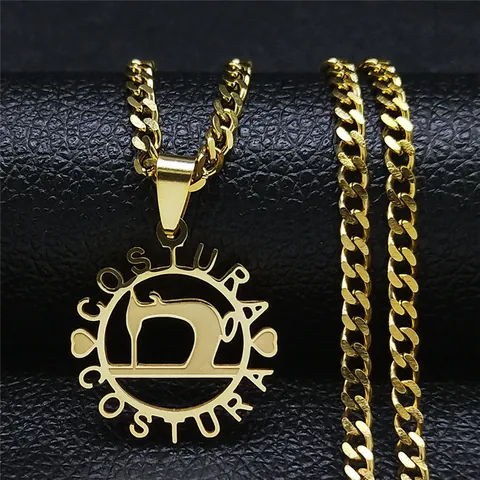 Stainless Steel Sewing Machine Pendant Necklace For Men Women Gold Plated Costura Hollow Round Jewelry Professional Gift