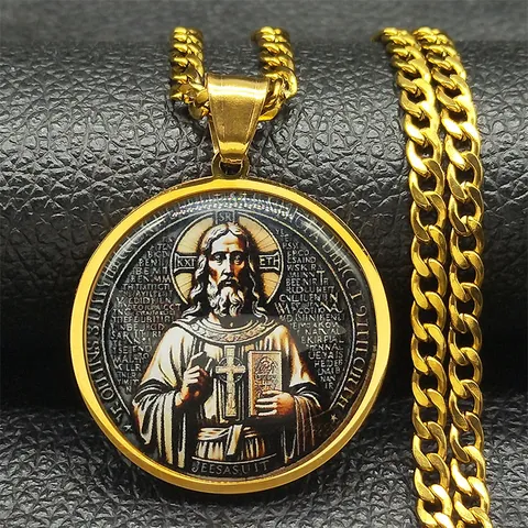 Collier Pendentif Médaille Saint Benoît pour Homme Femme en Acier Inoxydable Médaillon Religieux Chrétien Bijoux Cadeau