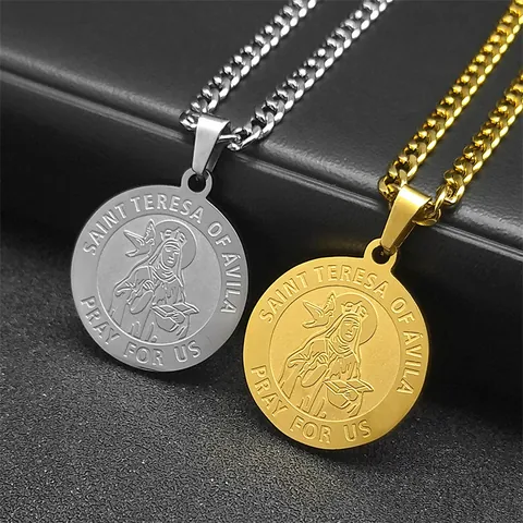 Hl Teresa Von Avila Edelstahl Anhänger Halskette Religiöser Gebetsschmuck Für Herren Damen Gold Silber Panzerkette Medaille