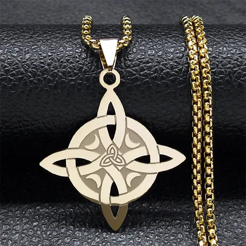Stainless Steel Celtic Witch's Knot Pendant Necklace Moon Triquetra Geometric Box Chain Gothic Vintage Jewelry Gift For Men Women