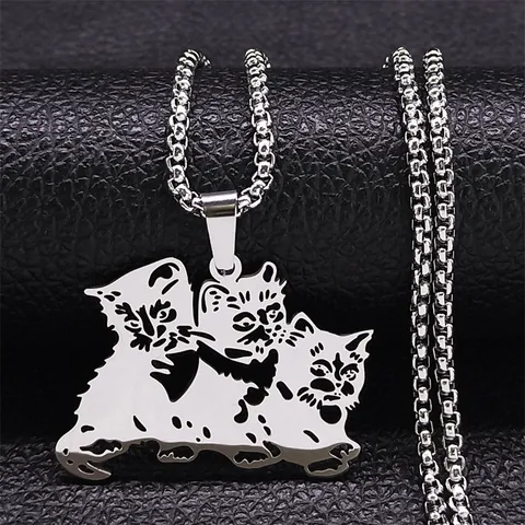 Roestvrij Staal Drie Katten Hanger Halsketting Boxketting Sieraden Voor Mannen Vrouwen Unisex Schattig Huisdier Bedeltje Cadeau