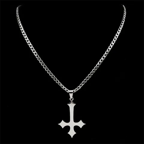 Stainless Steel Inverted Cross Pendant Necklace Gothic Punk Polished Curb Chain Silver Black Minimalist Jewelry For Unisex