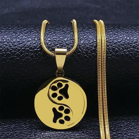 Stainless Steel Yin Yang Paw Print Pendant Necklace Hollow Round Cat Dog Paw Snake Chain Necklaces For Pet Lover Unisex Jewelry