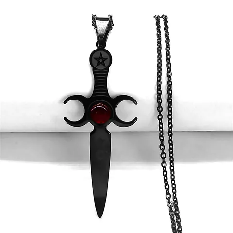 Collar de Espada de la Triple Diosa de la Luna Gótico Acero Inoxidable Colgante de Vidrio Rojo Joyería Vintage Dark Witchy