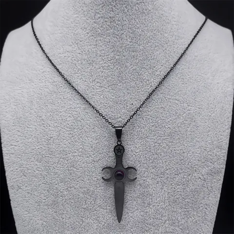 Collar de Espada de la Triple Diosa de la Luna Gótico Acero Inoxidable Colgante de Vidrio Rojo Joyería Vintage Dark Witchy