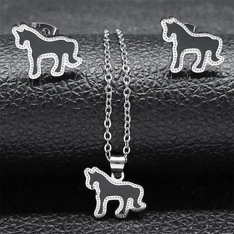 Minimalist Stainless Steel Jewelry Set Unicorn Horse Silhouette Pendant Necklace And Stud Earrings For Unisex Decorative Jewelry Gift