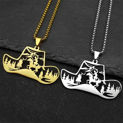 Western Cowboy Hat Hollow Pendant Necklace Stainless Steel Laser Cut Rider Scene Retro Jewelry Gift For Men Women Box Chain