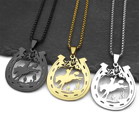 Vintage Stainless Steel Horseshoe Cowboy Pendant Necklace For Men Women Retro Western Style Box Chain Jewelry Gift