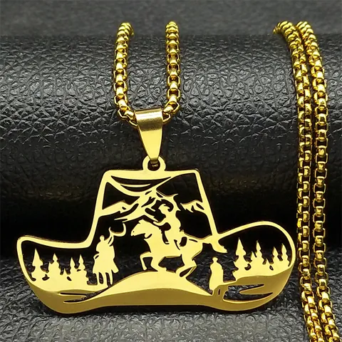 Western Cowboy Hat Hollow Pendant Necklace Stainless Steel Laser Cut Rider Scene Retro Jewelry Gift For Men Women Box Chain