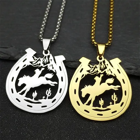 Vintage Stainless Steel Horseshoe Cowboy Pendant Necklace For Men Women Retro Western Style Box Chain Jewelry Gift