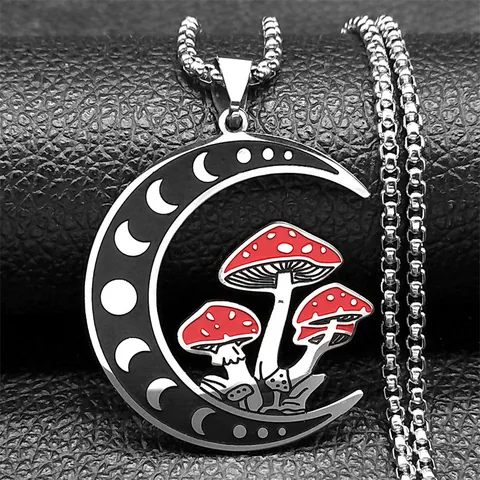 Stainless Steel Crescent Moon Mushroom Pendant Necklace Gothic Vintage Forest Style Moon Phase Jewelry For Men Women