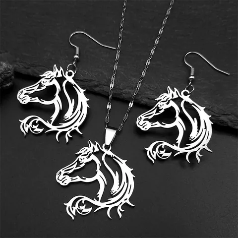Minimalist Stainless Steel Hollow Horse Head Jewelry Set Necklace Earrings For Women Vintage Animal Pendant Necklace Gold Silver Fashion Jewelry