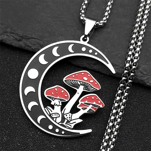 Stainless Steel Crescent Moon Mushroom Pendant Necklace Gothic Vintage Forest Style Moon Phase Jewelry For Men Women