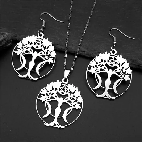 Vintage Stainless Steel Tree Of Life Goddess Pentagram Pendant Necklace Earrings Jewelry Set For Women Wiccan Pagan Gift
