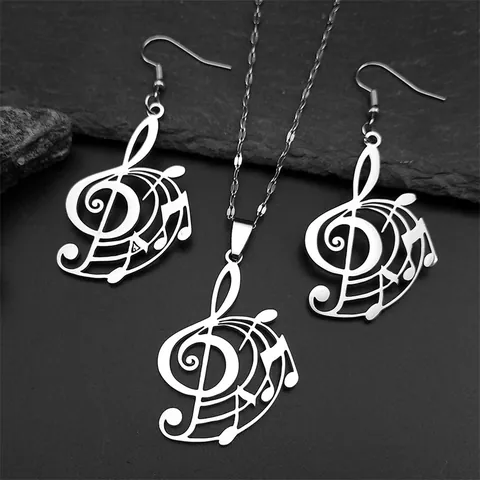 Stainless Steel Music Note G-Clef Pendant Necklace And Earrings Vintage Artistic Jewelry For Women Men Unisex Gift