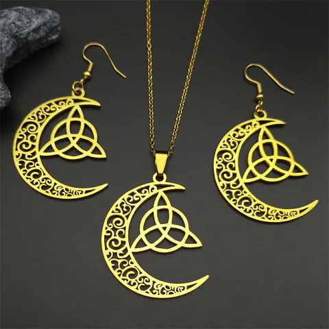 Nordic Viking Stainless Steel Celtic Trinity Triquetra Moon Pendant Necklace And Earrings For Men Women Retro Jewelry