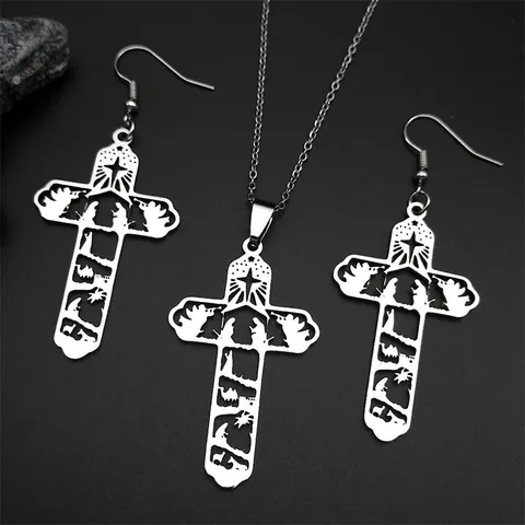 Edelstahl Krippenszene Kreuz Halskette Ohrringe Schmuckset Ausgeschnitten Religiöser Jesus Weihnachtsgeschenk Für Damen Herren
