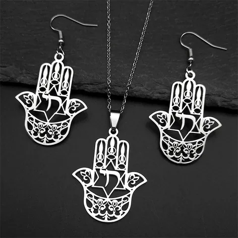 Parure Bijoux en Acier Inoxydable Vintage Main De Fatma Étoile De David Chai Hébreu Collier Boucles d'Oreilles Or Argent Ethnique Unisexe