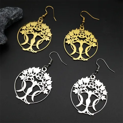 Vintage Stainless Steel Tree Of Life Goddess Pentagram Pendant Necklace Earrings Jewelry Set For Women Wiccan Pagan Gift