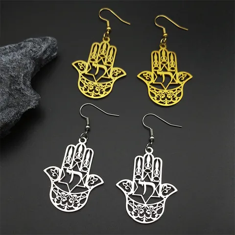 Parure Bijoux en Acier Inoxydable Vintage Main De Fatma Étoile De David Chai Hébreu Collier Boucles d'Oreilles Or Argent Ethnique Unisexe