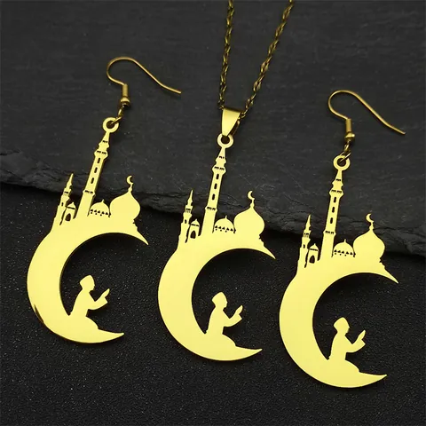 Collier Et Boucles D'Oreilles Avec Pendentif Croissant De Lune Mosquée En Acier Inoxydable Pour Cadeau Religieux Islamique Ramadan Aïd