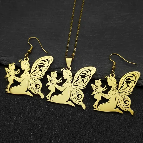 Stainless Steel Mother Child Angel Pendant Necklace And Earrings Hollow Out Fairy Jewelry For Women Mom Mother Day Gift