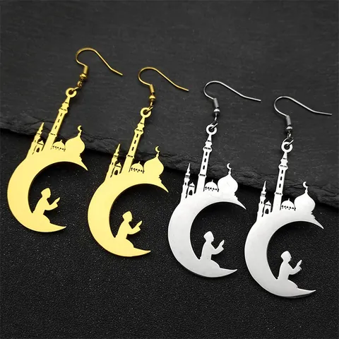 Collier Et Boucles D'Oreilles Avec Pendentif Croissant De Lune Mosquée En Acier Inoxydable Pour Cadeau Religieux Islamique Ramadan Aïd