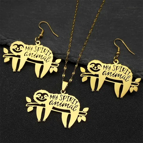 Stainless Steel Sleeping Sloth Pendant Necklace Earrings Set My Spirit Animal Lettering Retro Animal Jewelry For Women Men Unisex Gift