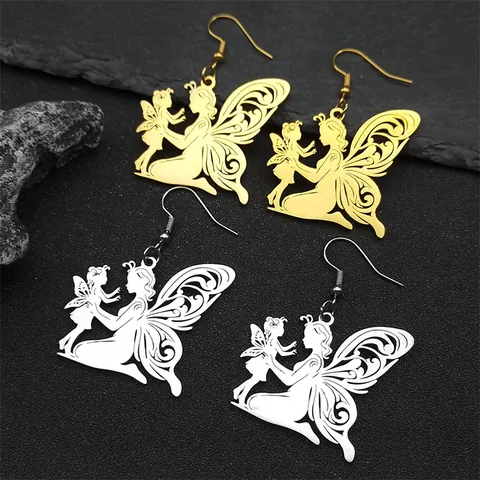 Stainless Steel Mother Child Angel Pendant Necklace And Earrings Hollow Out Fairy Jewelry For Women Mom Mother Day Gift