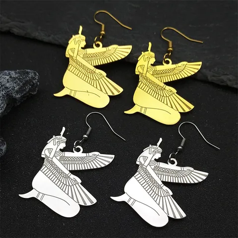 Vintage Stainless Steel Egyptian Isis Goddess Winged Pendant Necklace And Earrings Set For Women Men Ethnic Jewelry