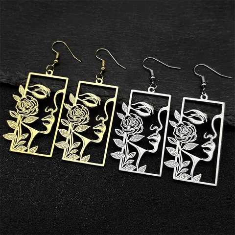 Collier Pendentif Portrait Visage Rose Ajouré Et Ensemble Boucles d'Oreilles Pour Femmes Hommes Acier Inoxydable Plaque Or Argent Bijoux