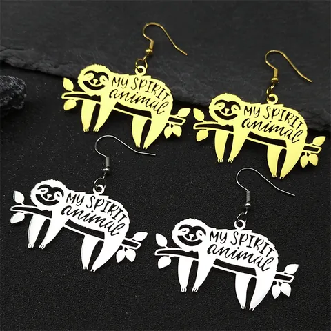 Stainless Steel Sleeping Sloth Pendant Necklace Earrings Set My Spirit Animal Lettering Retro Animal Jewelry For Women Men Unisex Gift
