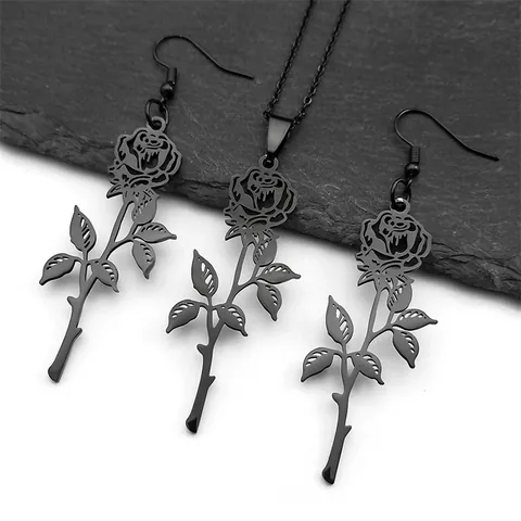 Collier Et Boucles D'oreilles Rose En Acier Inoxydable Pendentif Gothique Hiphop Évidé Pour Hommes Femmes Bijoux Punk