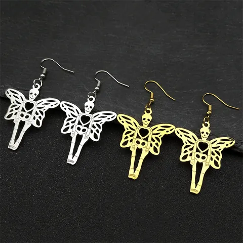 Gothic Stainless Steel Skull Butterfly Wing Heart Necklace Earring Set Women Men Punk Hollow Jewelry Halloween Gift