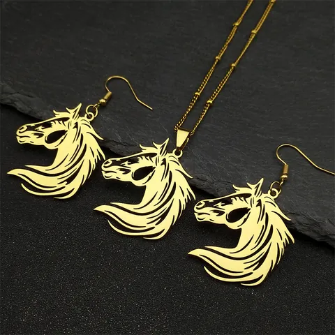 Vintage Stainless Steel Horse Head Jewelry Set Hollow Out Animal Pendant Necklace Earrings For Unisex Daily Party Fashion Accessories