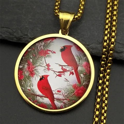 Vintage Stainless Steel Glass Cardinal Bird Round Pendant Necklace Box Chain Nature Jewelry Gift For Men Women Christmas