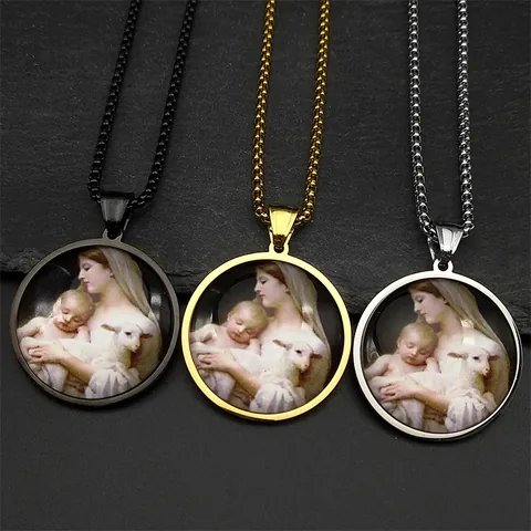 Vintage Edelstahl Religiöse Anhänger Halskette Jungfrau Maria Jesuskind Gemälde Runde Zeitstein Boxkette Schmuck Für Unisex