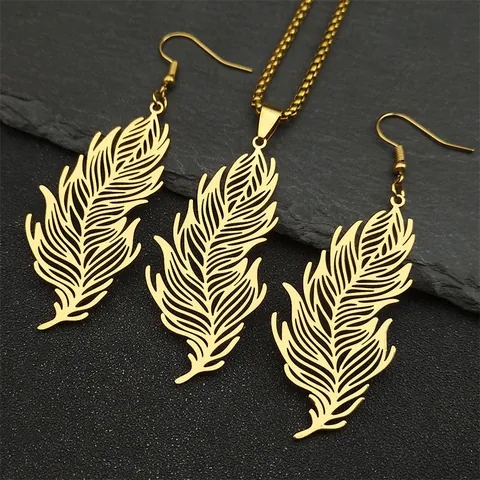 Vintage Stainless Steel Hollow Feather Necklace And Earring Jewelry For Women Men Gold Silver Black Metal Leaf Pendant Necklace And Earring Hooks Fashion Jewelry