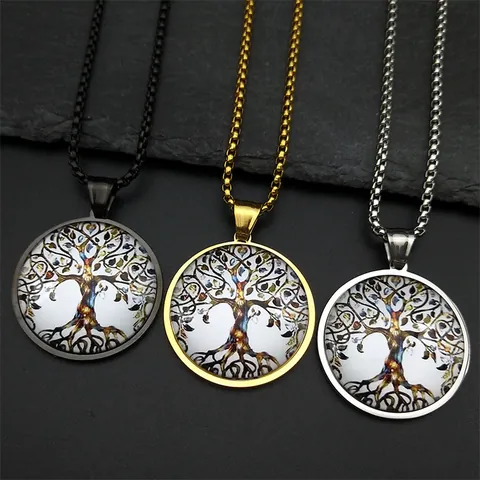 Lebensbaum Anhänger Halskette Edelstahl Glas Zeitstein Rund Schmuck Für Herren Damen Vintage Boxkette Gold Silber Schwarz