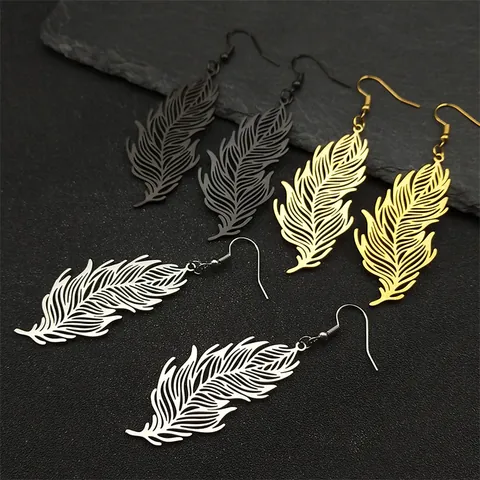 Vintage Stainless Steel Hollow Feather Necklace And Earring Jewelry For Women Men Gold Silver Black Metal Leaf Pendant Necklace And Earring Hooks Fashion Jewelry